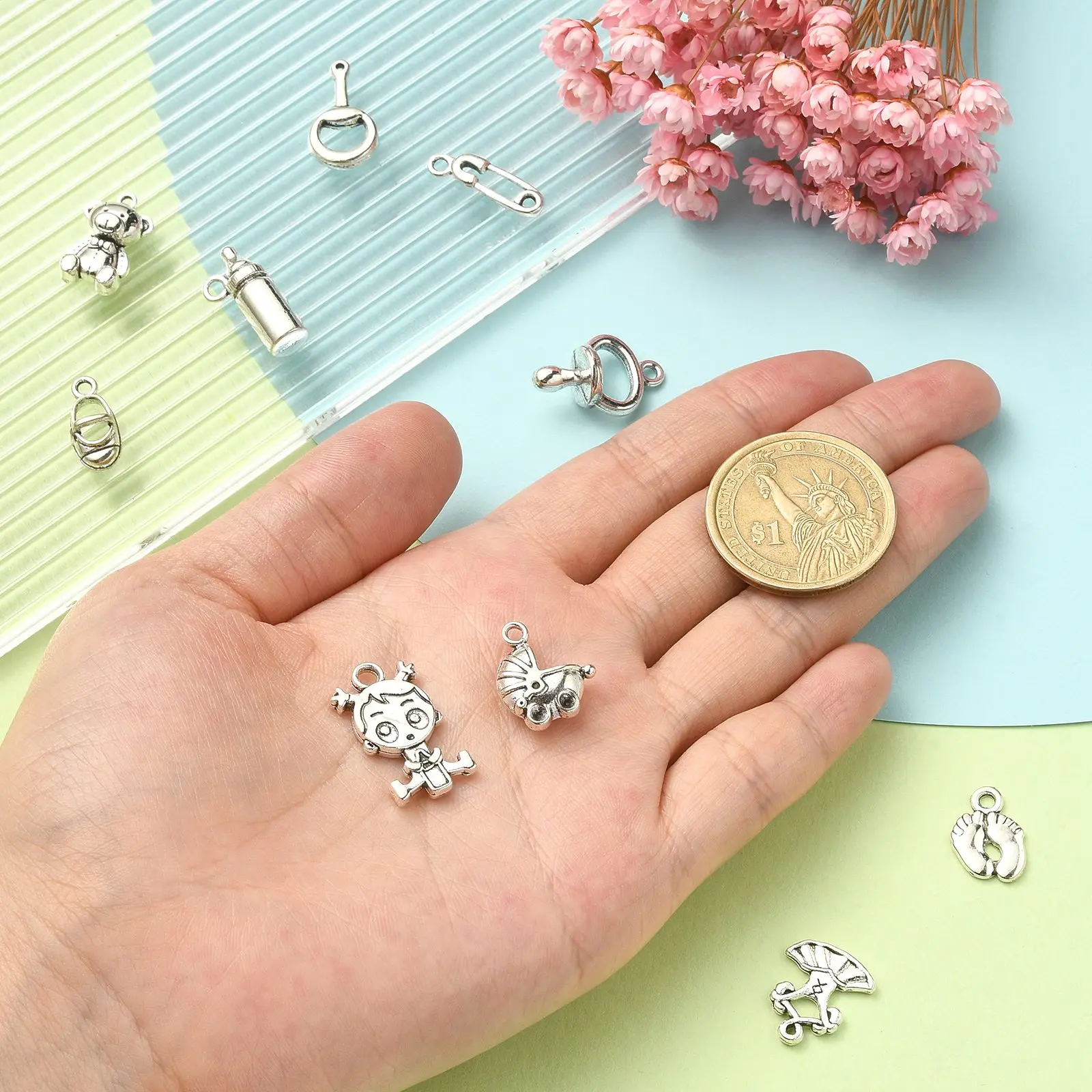 100Pcs 10 Styles Baby Theme Charms Baby Girl Carriage Footprint Charms Tibetan Baby for Mother's Day Jewelry Making Crafting