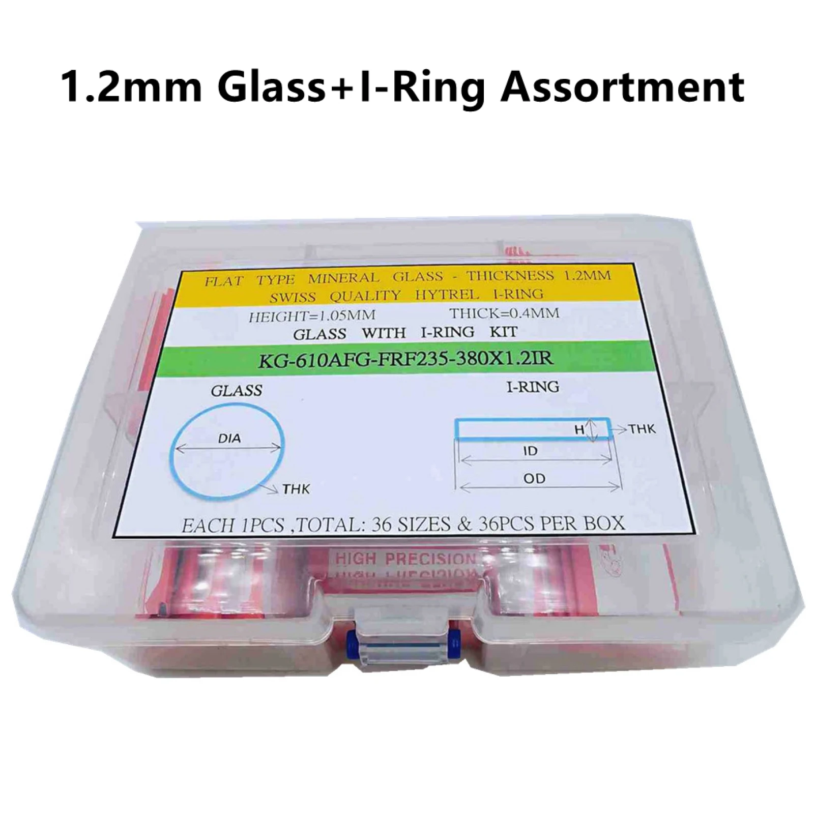 1.2mm Thickness Flat Round Mineral Watch Glass With Waterproof I-Ring Gasket Assortment Box 36 Sizes for Watch Crystal Replace
