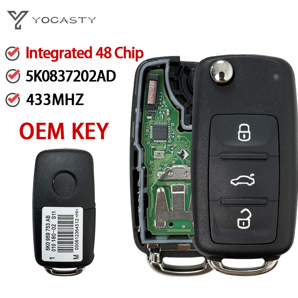 YOCASTY OEM 5K0837202AD llave remota abatible para VW Touran Jetta Tiguan Transporter PASSAT GOLF POLO 433Mhz integrado 48 CHIPD48
