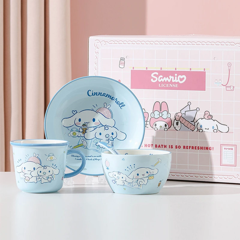 4Pcs Sanrio Hello Kitty My Melody Cinnamoroll Kuromi Ceramics Gift Box Tableware Set  Kitchen Supplies Childen Birthday Gift