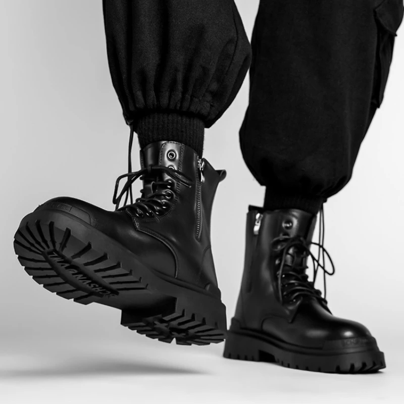 

Мужские высокие ботинки большого размера на плоской подошве, до середины икры, на шнуровке, высококачественный брендовый дизайн, с круглым носком, рабочие ботинки
