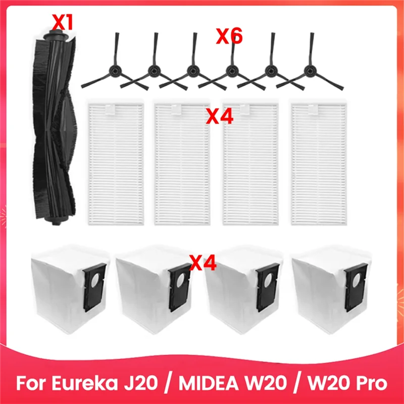 

T99C-15PCS For Eureka J20 / Midea W20 / W20 Pro Robot Vacuum Replacement Parts Main Side Brush Hepa Filter Dust Bag
