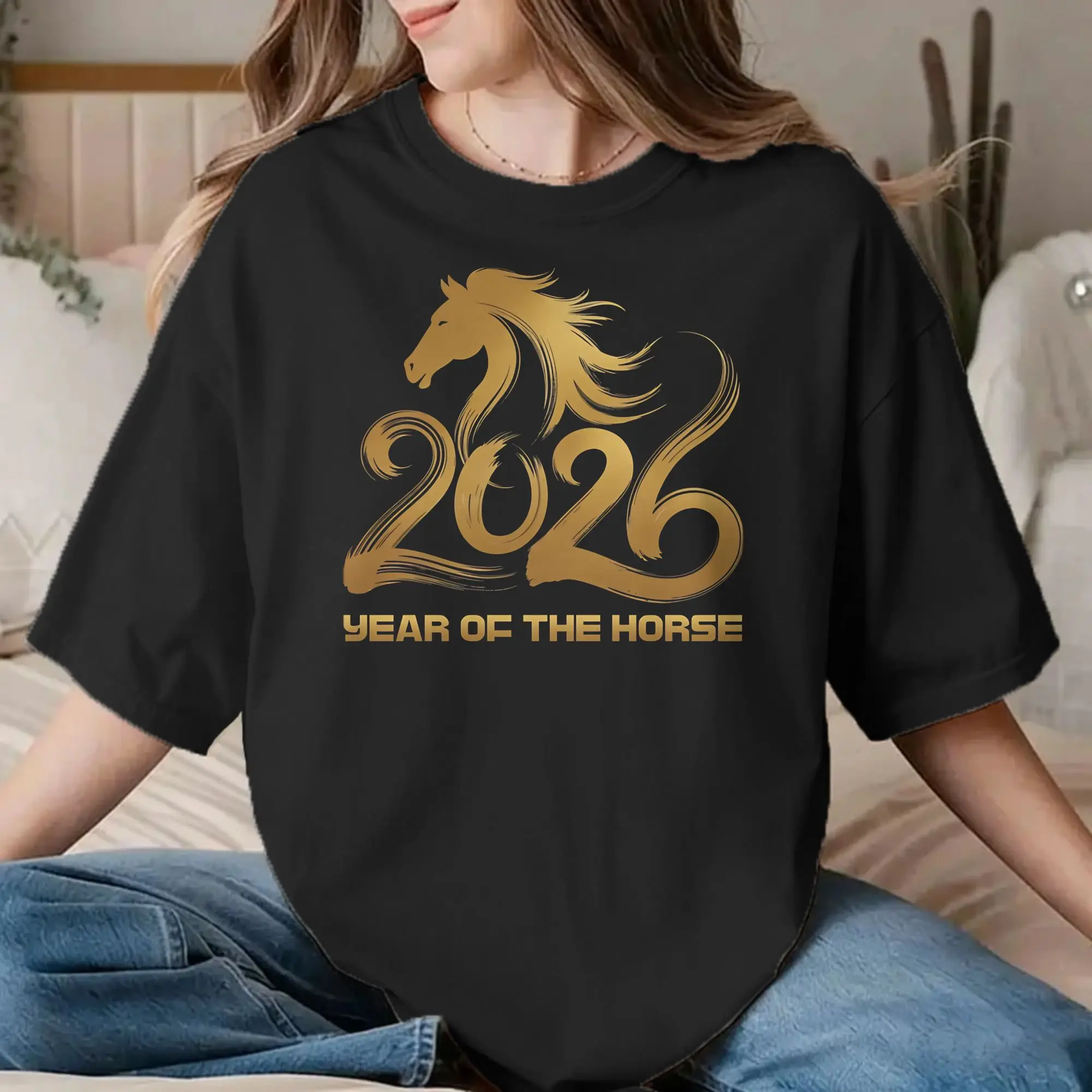 Camisetas engraçadas do Ano Novo Chinês do Ano do Cavalo, para homens e mulheres, com gola redonda, em algodão, de manga curta, disponíveis em tamanho