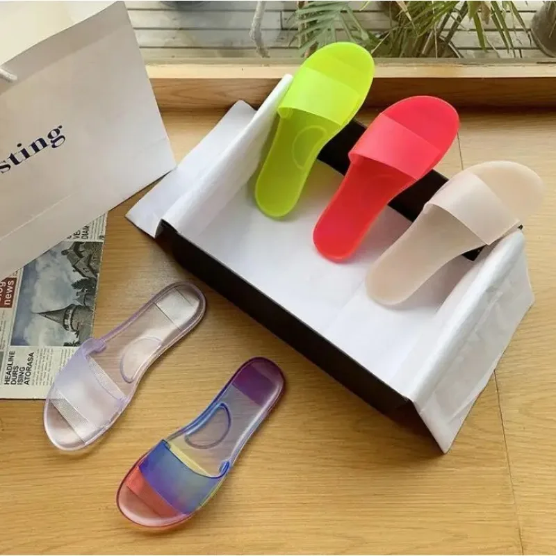 Summer2023 Women New Plus Size Bottom Beach Shoes Ladies One-word Sandals Casual Transparent Jelly Color Flat Slipper