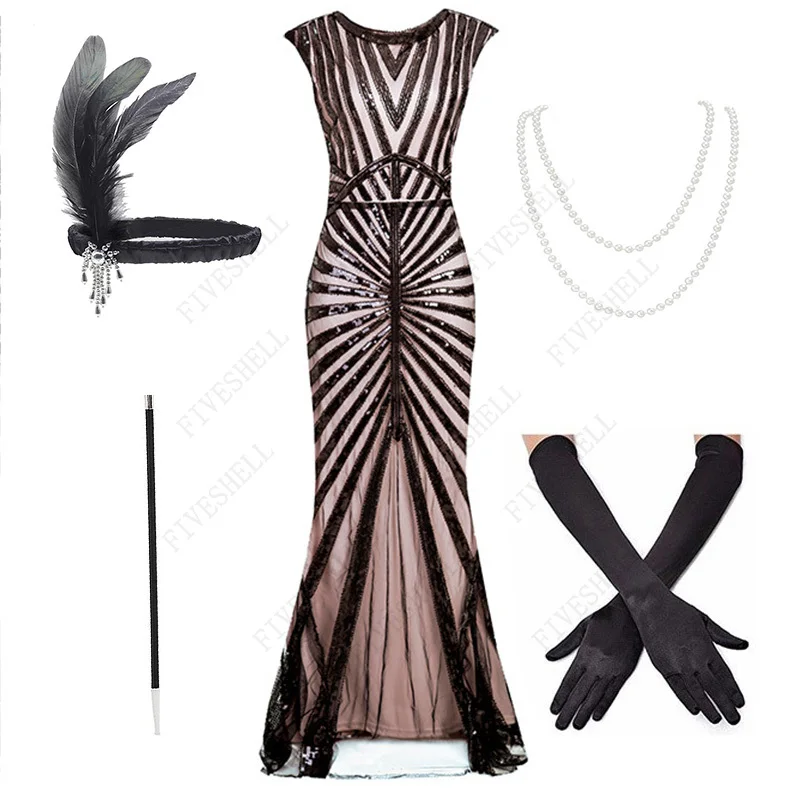 Dames 1920 Flapper Gatsby Jurk Met Mouwloze Kralen Art Deco Cocktail Party Lange Jurken Accessoires Set