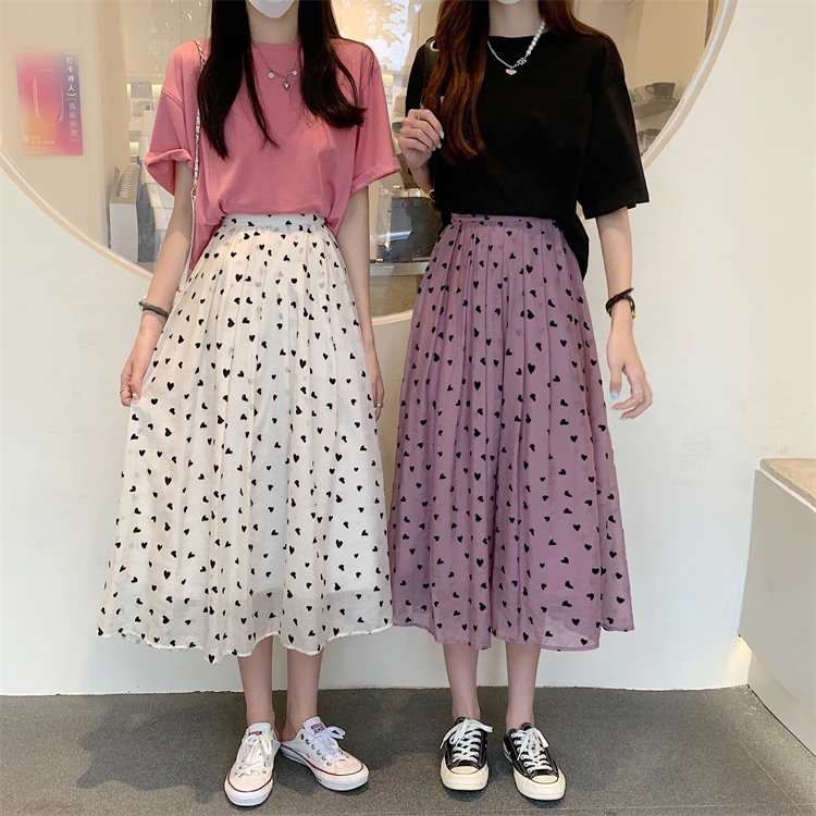 New Versatile Flocking Love Printed Skirt Women's High Waist Slim Large Swing Umbrella Skirt Loose A-line Long Skirt Y2k Skirt