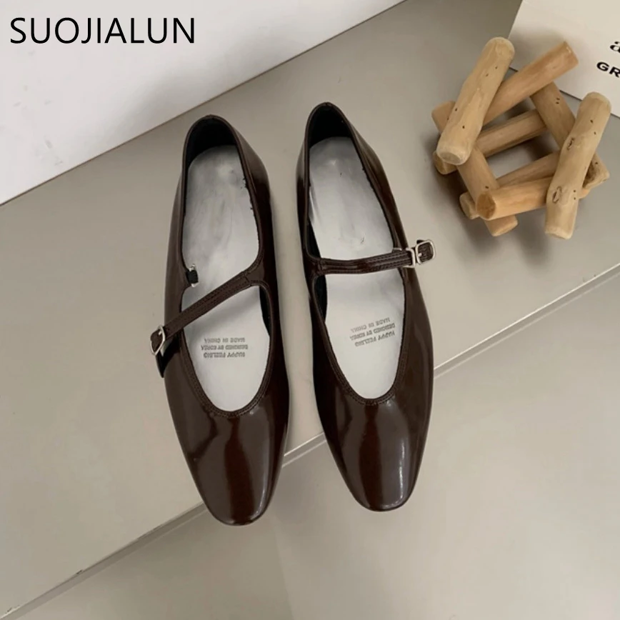 SUOJIALUN 2023 Summer New Women Flat Shoes Fashion Shallow Ladies Casual Soft Mary Jane Shoes Outdoor Dress Flat Ballet Shoes