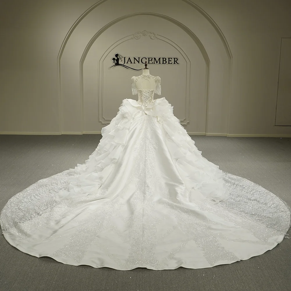 Luxurious Wedding Dress Sequins With Bead Ballgown V-Neck Customized Bride Dress Organza Vestido De Novia Court Train