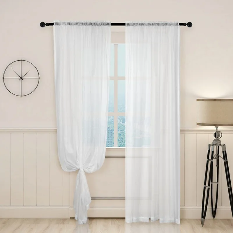 2 Pieces/Set White Light Gauze Curtain Translucent Rod-wearing Curtains And Clean Easy To Install Solid Color Home Decoration