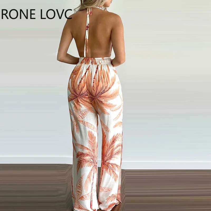 Women Jumpsuits Outfits Summer Jumpsuit Tropical Print Halter V Neck Jumpsuit
