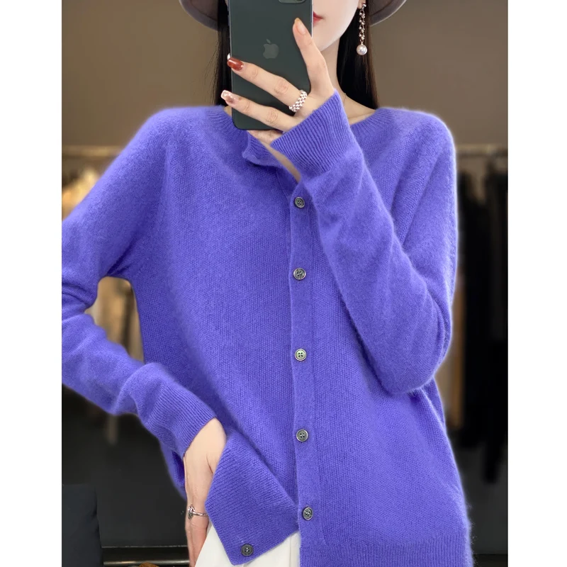 2024Spring and Autumn  New 100% pure merino cashmere sweater women\'s O-neck cardigan loose long-sleeved sweater top