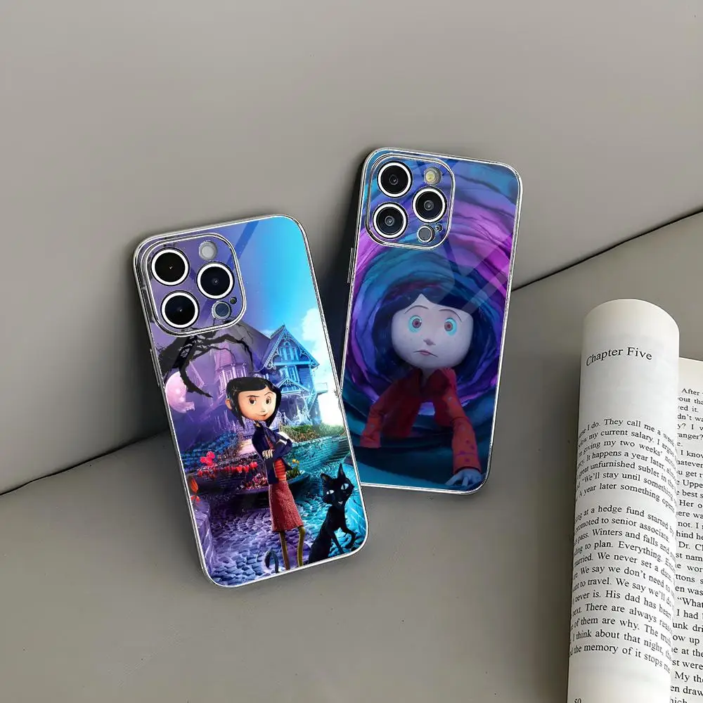 Anime Hot C-Coraline MINISO Phone Case Electroplated Glass For Iphone 16-11 Plus ProMax X XR XSMax 7Plus