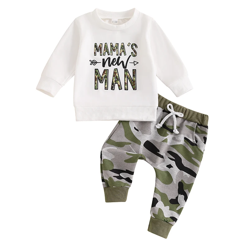 

Toddler Boys Fall Outfits Letter Print Long Sleeve Sweatshirts and Camouflage Long Pants 2Pcs Clothes Set