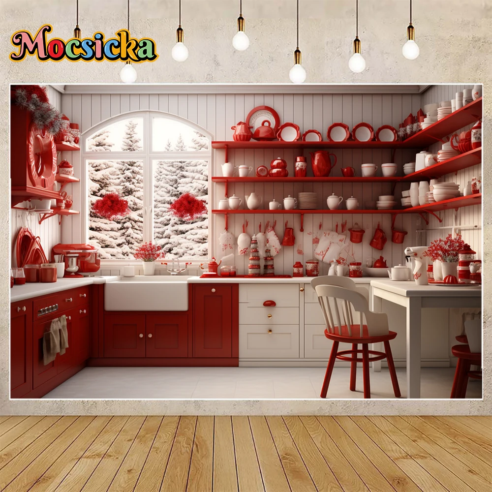 Mocsicka ฉากหลังถ่ายภาพฤดูหนาว, สีแดงคริสต์มาสชุดรูปแบบห้องครัวธีมวันหยุดงานเลี้ยงครอบครัวเด็กภาพฉากหลังสตูดิโอ