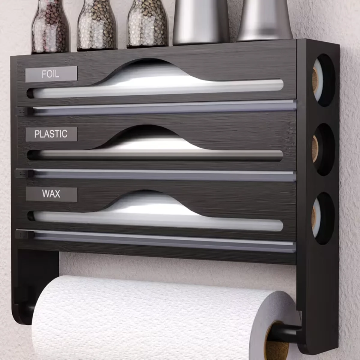 Estante de Cocina de Bambú para Montar en la Pared, 3 Niveles, con Cajas de Plástico, Porta Papel Higiénico, Organizador que Ahorra Espacio para Especias y Utensilios
