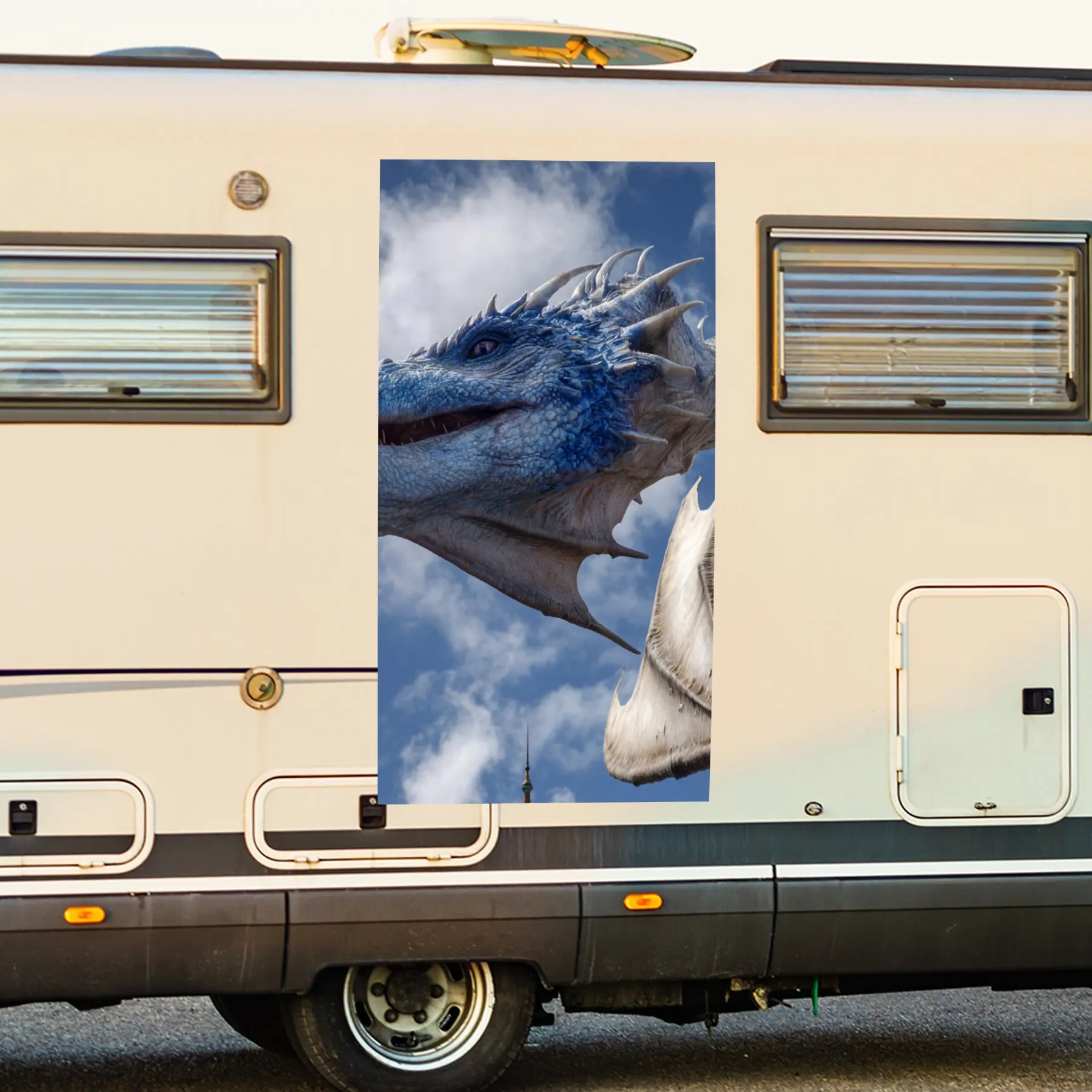 

Blue Dragon Guarding Castle- Vinyl Decal for RV Rear, Waterproof Self - Adhesive Vinyl Stickers for RV Tail and Bumper, Decorati