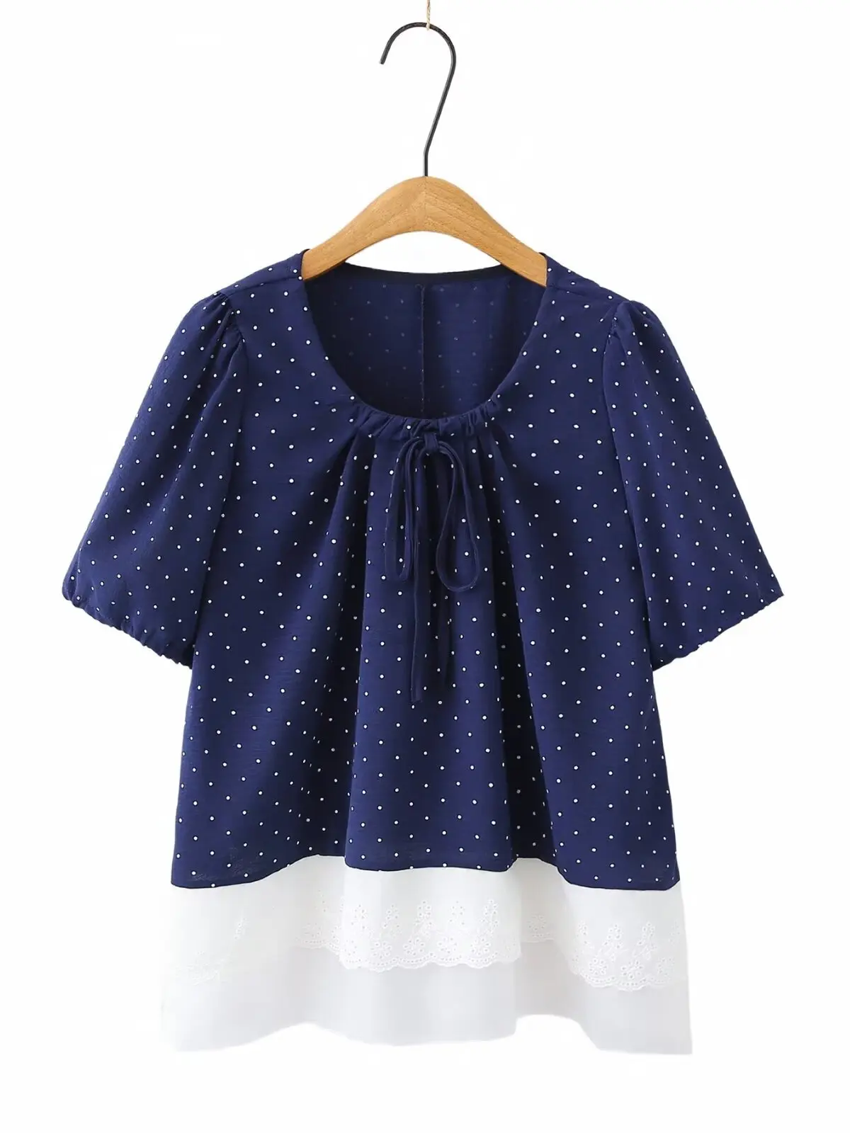 

plus Size Women's Summer Korean Style Polka Dot Short Sleeve Shirt Lace Trim Splice Slimming Top French Style High Waist