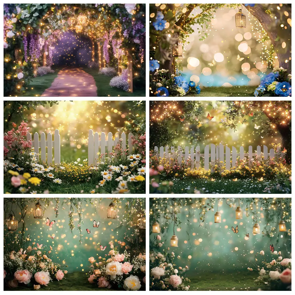 

Enchanted Forest Photography Backdrop Fairy Tale Garden Butterfly Flowers Light Children Birthday Party Photo Background Decor