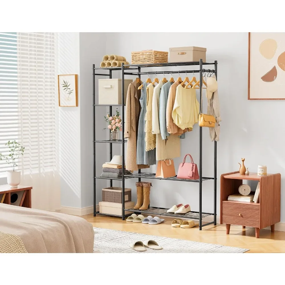 Portable Clothes Rack with 4 Shelves & Hanging Rod, Steel Wardrobe Organizer for Bedroom, Closet, Entryway, Black view 2