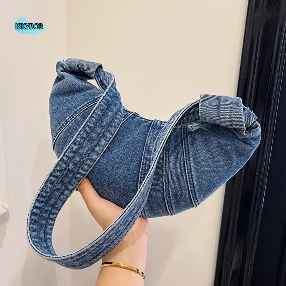 

Повседневная винтажная сумка-кроссбоди «Круассан» из денима и холста, однотонная, вместительная, женская