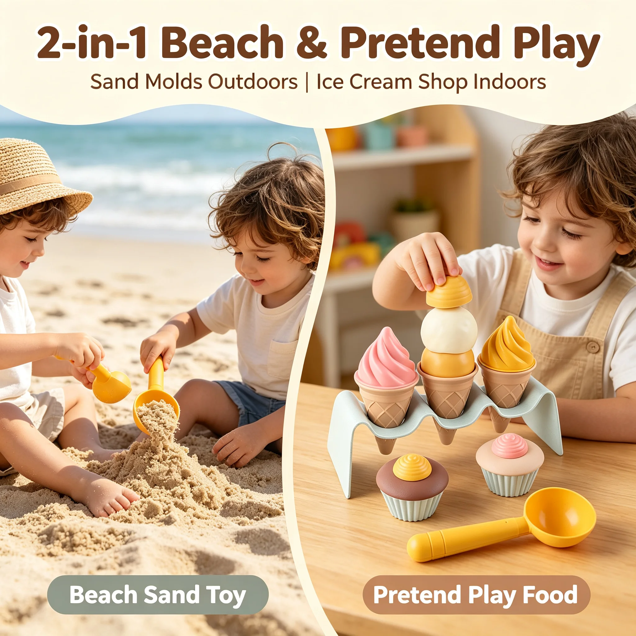Kids Wheat Straw Ice Cream Beach Toy ,Sand & Clay Mold,Pretend Play House Set, Toddler Sensory Food Play Gift Boys Girlset