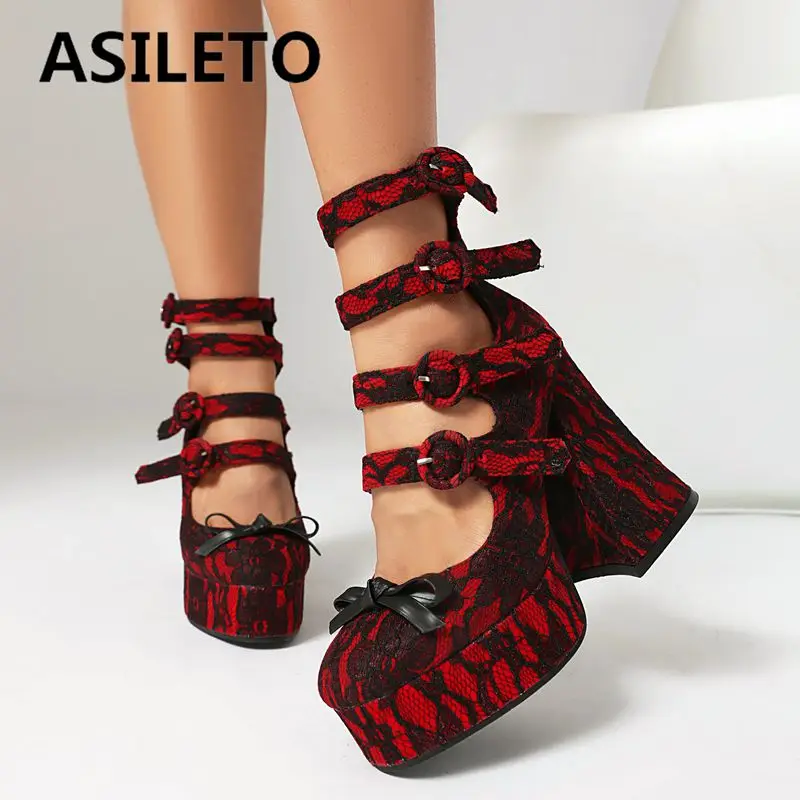 

ASILETO Luxury Women Pumps Flock Suede Round Toe Bowknot Belt Buckles Big Size 42 43 Dating Shoes Chunky Heels 12cm Platform