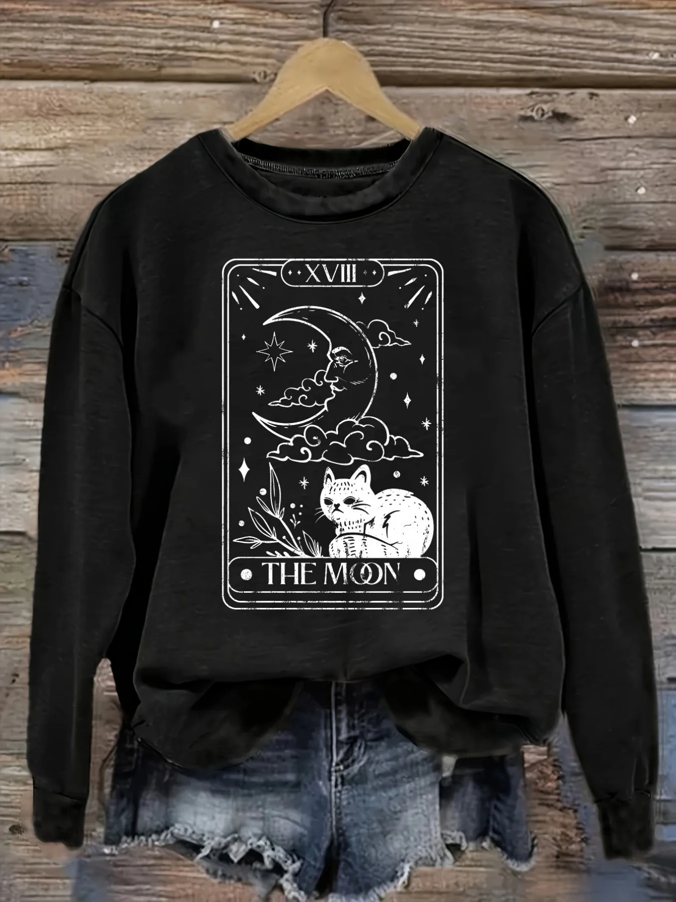 Women's Casual Long Sleeve Crew Neck T-Shirt The Moon Tarot Card Print Design, Round Neck Women's Clothing, Machine Washable, Slightly Elastic, Loose Fit, Spring Autumn Winter Women's T-Shirt, Halloween Costume Outfit