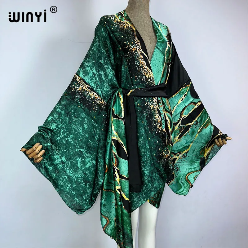 WINYI Africa print Summer Women Cardigan beachwaer sexy Boho Africa Holiday Batwing Sleeve cotton feeling Robe kimono kaftan