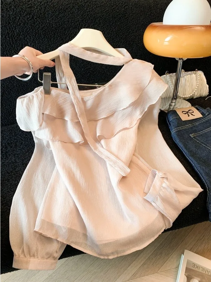 

Elegant Summer Women's Long Sleeve Lace Shirt Loose Fit Shoulder Bared Asymmetrical Collar Cotton Polyester Blend Top