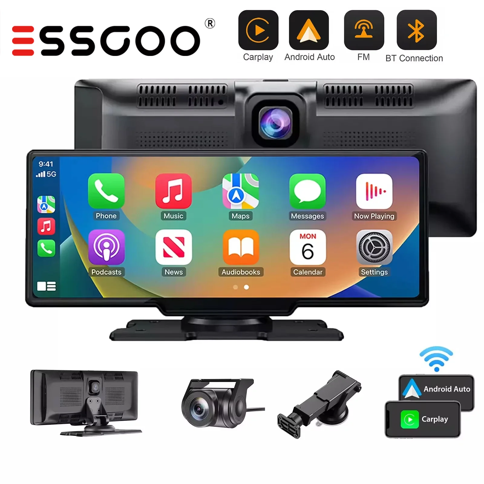 ESSGOO 4K Cámara para Auto con Pantalla Táctil de 10.26 Pulgadas, DVR, CarPlay Inalámbrico, Android Auto, Grabador de Video de Doble Lente, Cámara Dual para Auto, DVR, Wifi, BT