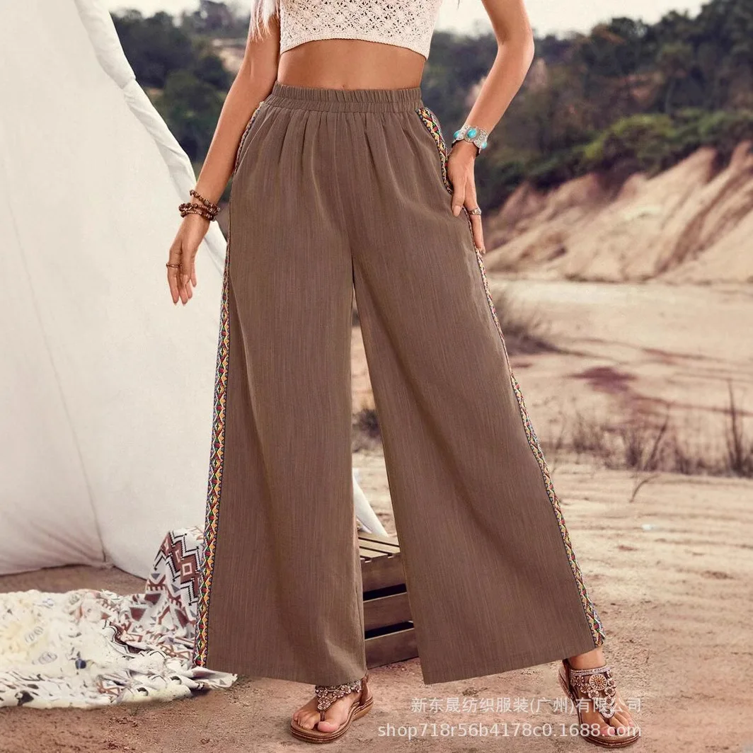 Summer Fashion High Waisted Casual Loose Wide Leg Pants, Women's Elastic Waisted Side Printed Fashionable Straight Leg Pants