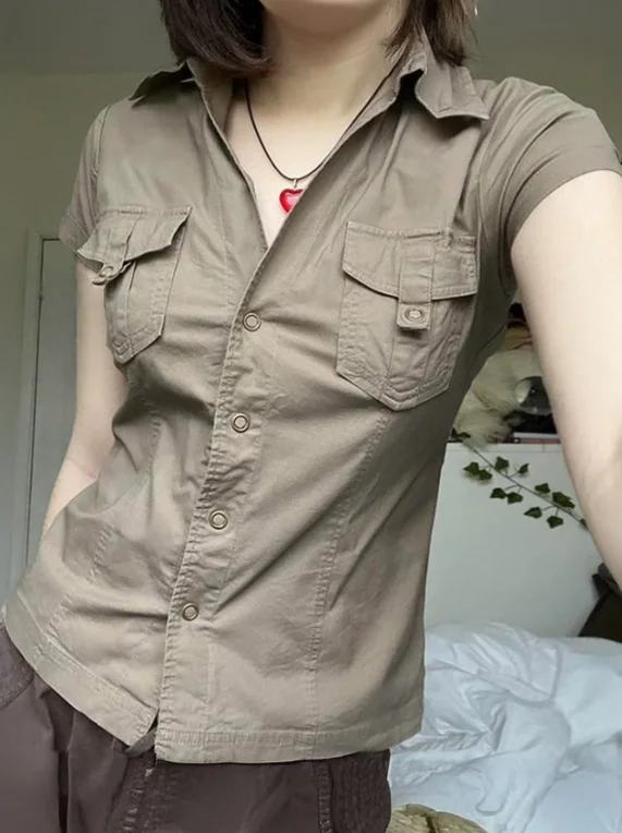 

Spring/Summer Women's Pocket T-shirt Simple Solid Short Sleeve Workwear Shirt Retro POLO Collar Single Breasted Woven Top
