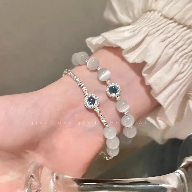 Women Cat's Eye Beaded Stackable Bracelet, Silver Plated Sparkly Crystal Wrist Chain Dainty Double Layer Bracelet Trendy Gift