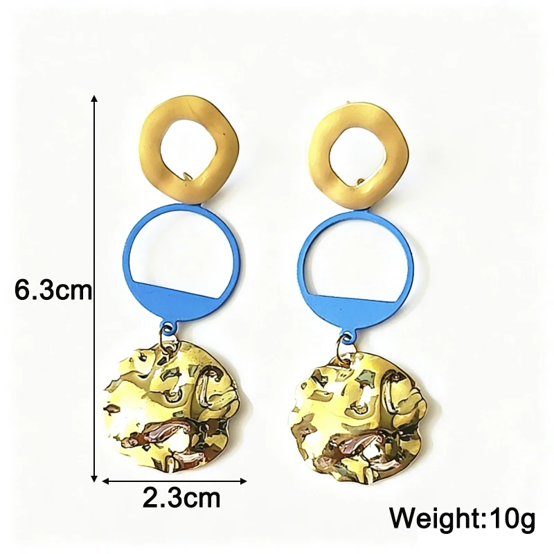 Three-layers Round Pendants Hanging Earrings for Women Hollow Blue Circle Unique Uneven Round Piece Dangle Earrings Boho Jewelry