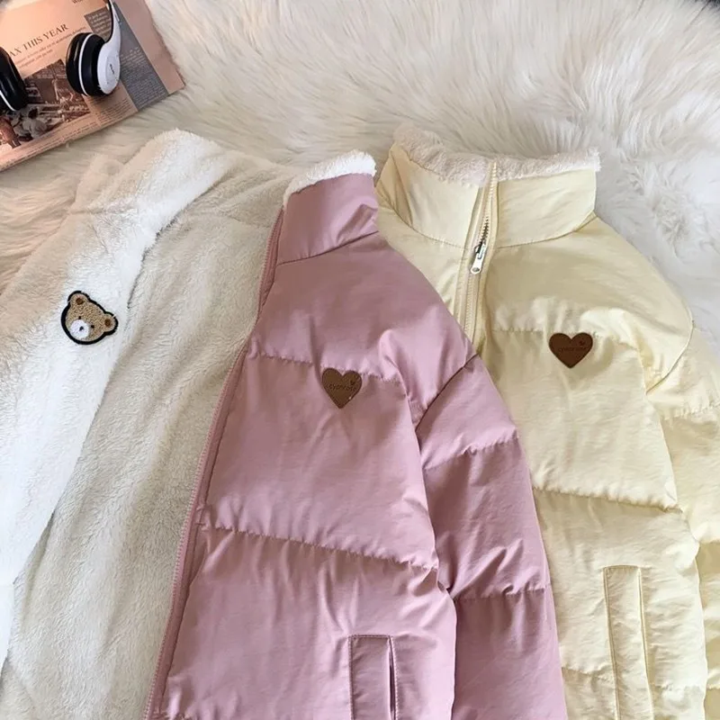 

Cute Embroidery Parkas Coat Women Winter Korean Fashion Thick Loose Warm Jacket Double Sided Design Pink Student Clothes Coat