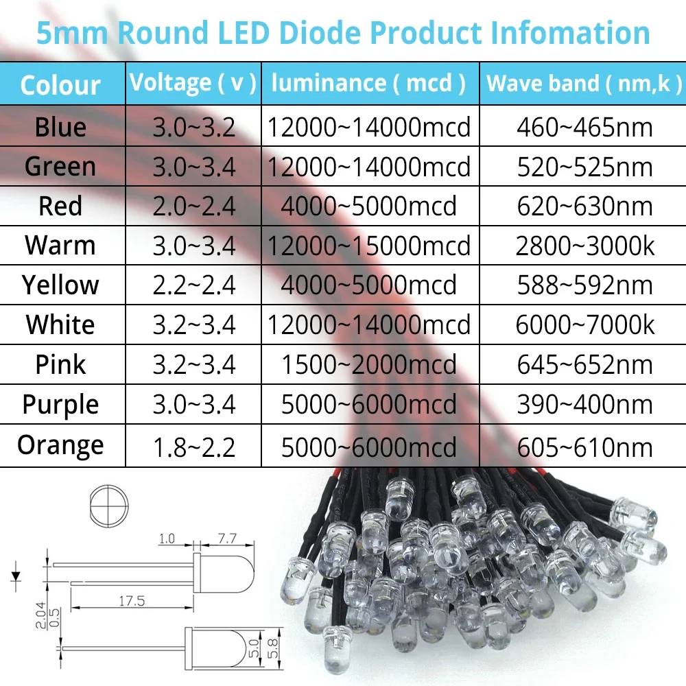 10 sztuk 5mm wstępnie okablowana dioda LED okrągła żarówka chip koraliki świetlne diody 20cm wstępnie lutowany kabel DC 12V dekoracja emitująca