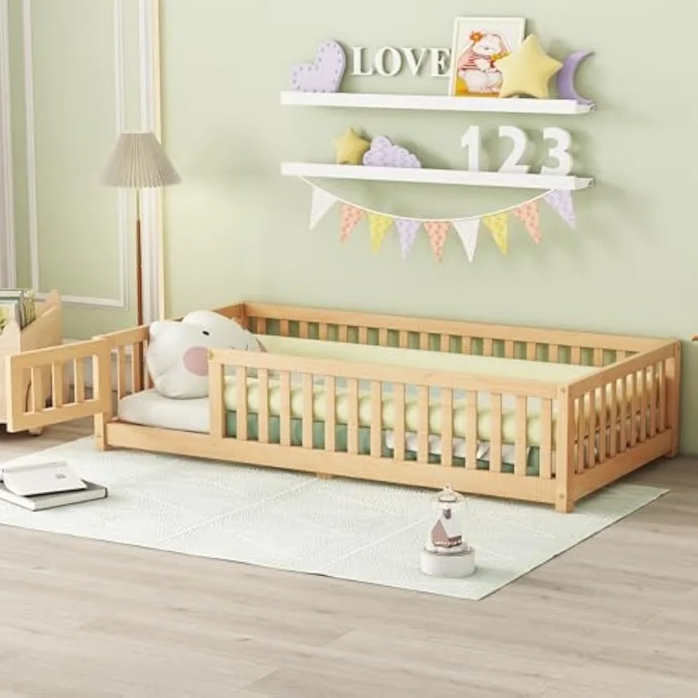 Twin Natural Floor Bed with Slats and Center Support Bar, Kids Montessori Bed with Fence and Door