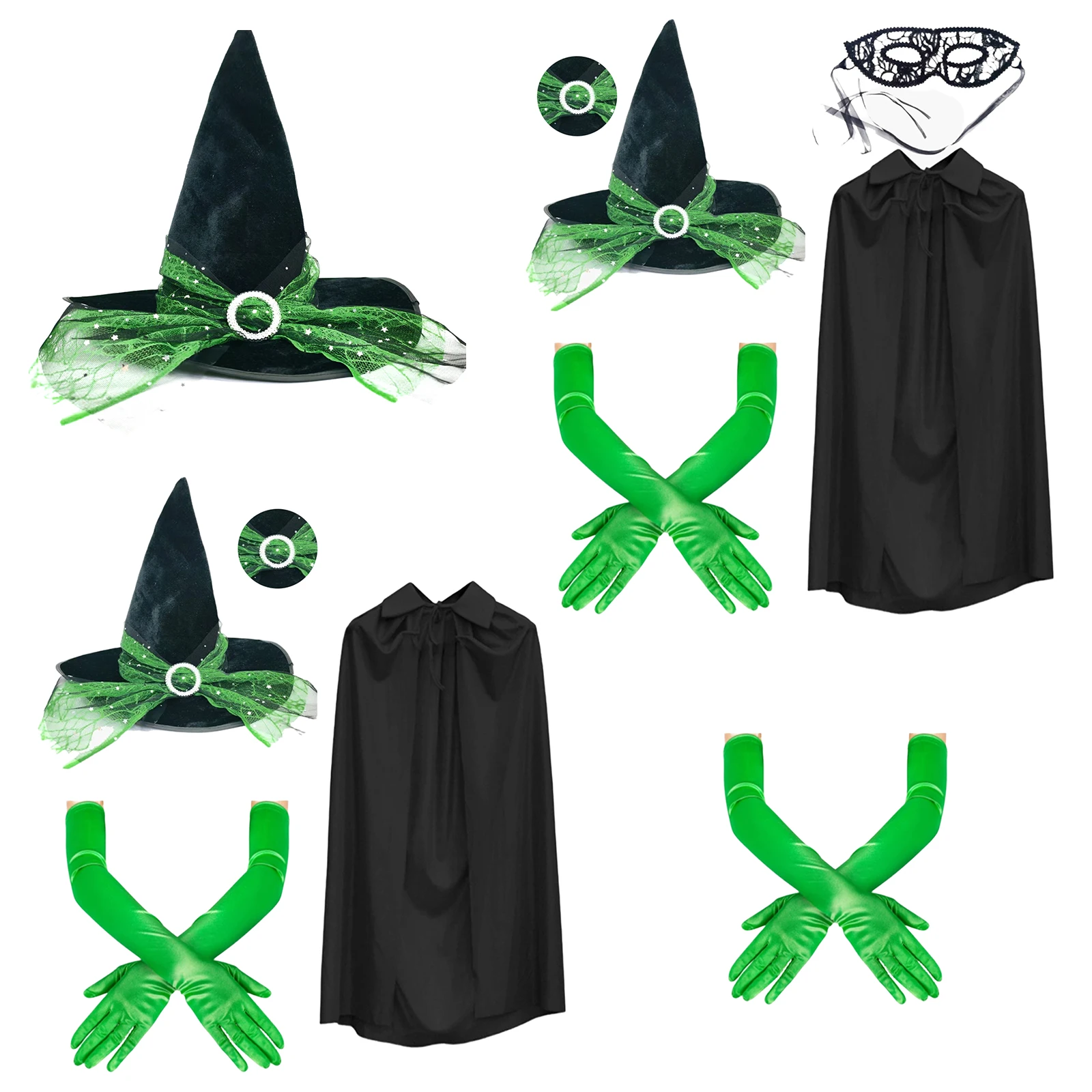 Halloween Heksenkostuum Halloween Cosplay Accessoires Heksenkaap met hoed Lange handschoenen en maskers Complete themafeestoutfitset