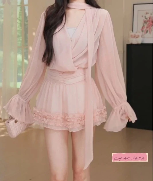 

Japanese Early Autumn Wear Lolita Atmosphere Bow Strap Long-sleeved Dress Women Hem Cascading Skirt Dress Edge Flower Bud Skirt