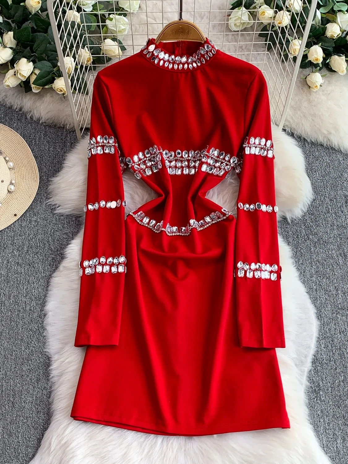 

Элегантное женское платье с длинными рукавами и бриллиантами, весенне-осеннее, роскошное, приталенное, с завышенной талией, А-силуэт