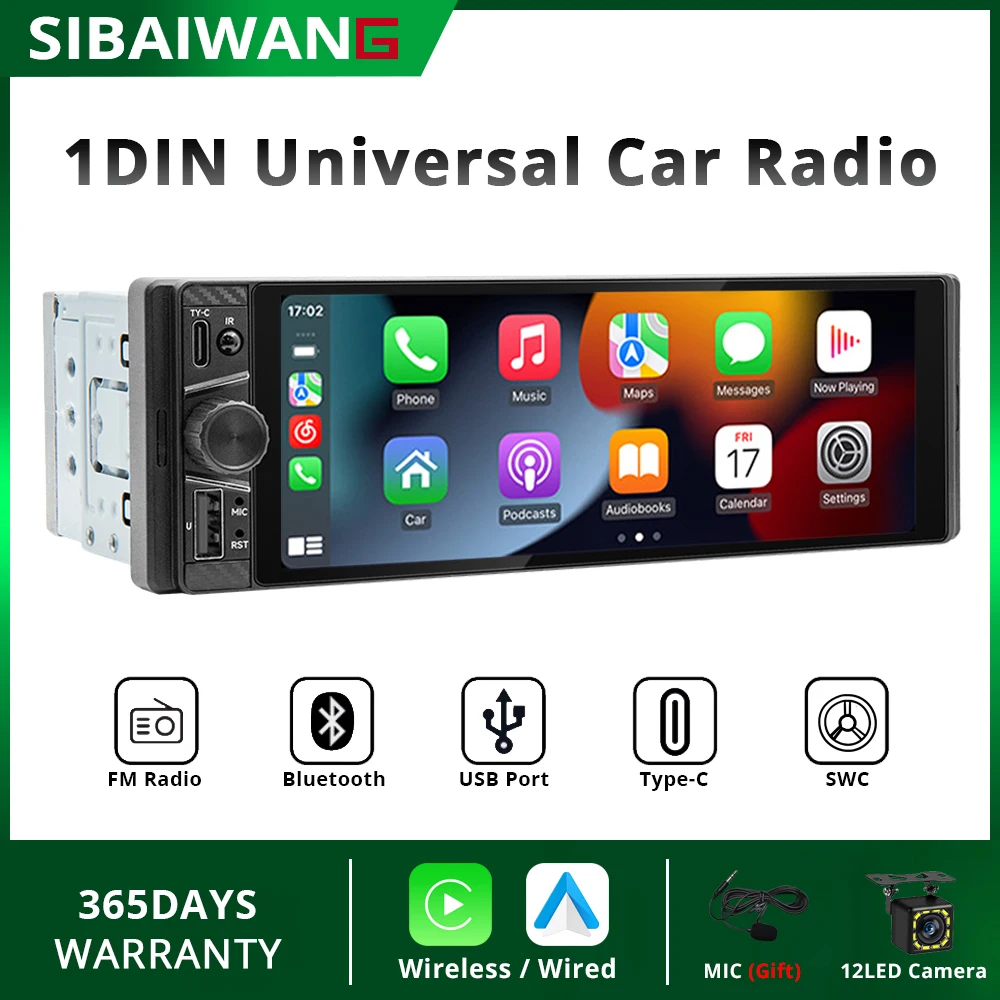 

Carplay Android Auto for Wireless Universal 6.28 Inch Car Radio 1Din Multimedia MP5 Player BT FM MirrorLink Type-C Fast charging