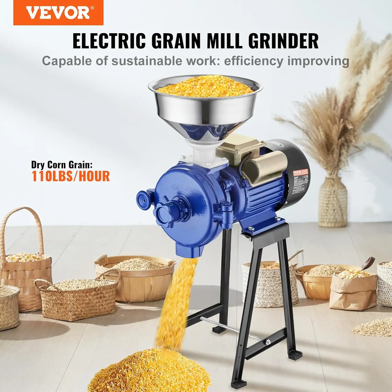 Electric Grain Mill Grinder, 3000W Spice Grinders, Commercial Corn Mill with Funnel, Thickness Adjustable Powder Machine, Heavy