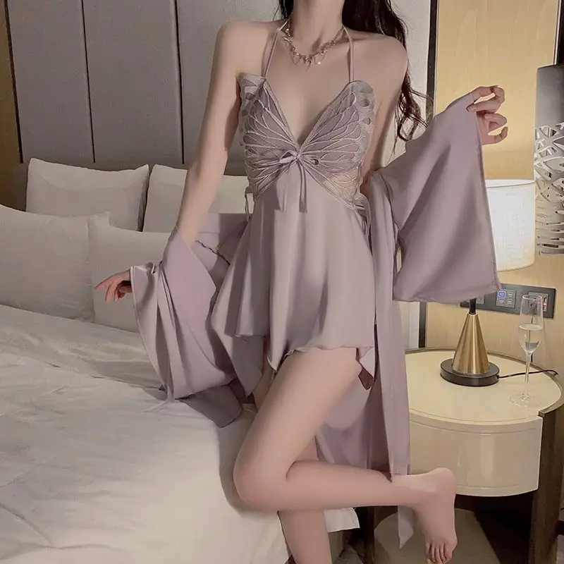 Deep V-neck Spaghetti Strap Sexy Women 2Pcs Pajamas Sets Lace Trim Strap Robe Gown Set Female Backless Silk Stain Home Clothing