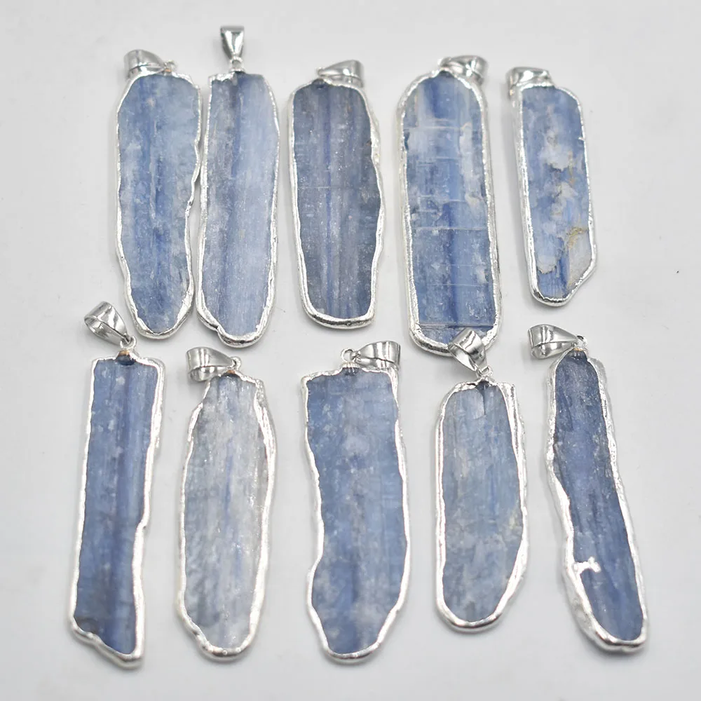 Wholesale10pcs/lot Natural Stone Blue Kyanite Pendant Jewelry Silver Plated Edge Earring Necklace DIY free shipping