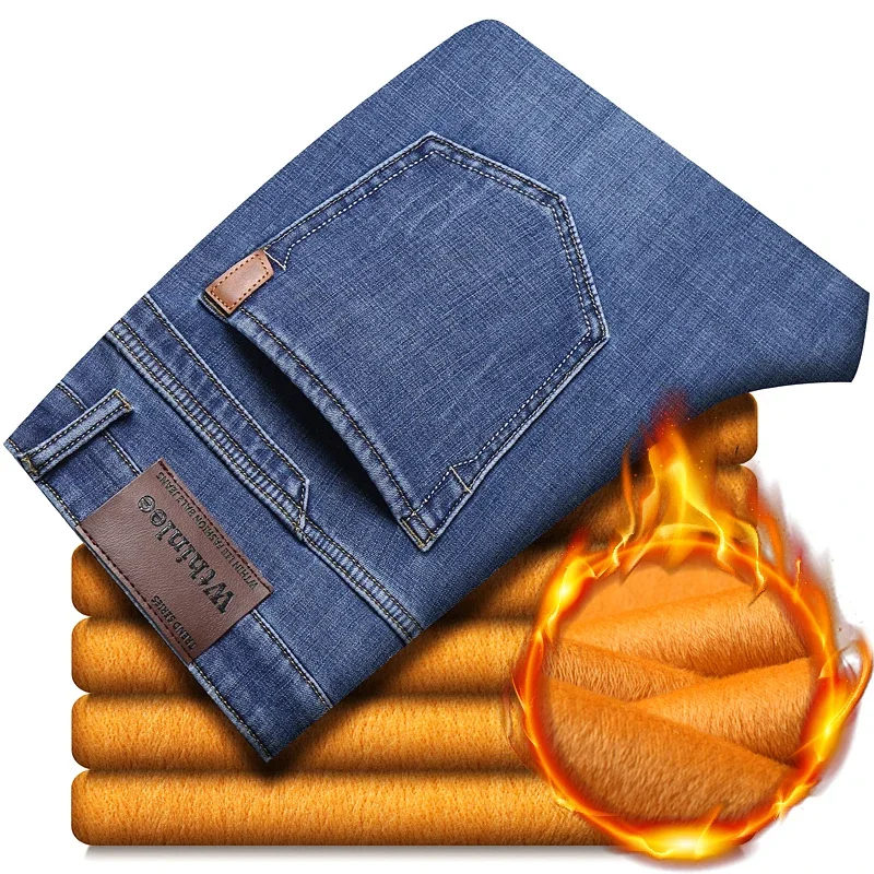 Winter Male Brand Clothing Classic Fleece Thick Warm Men's Jeans Stretch Straight Casual Trousers Denim Plush Pants