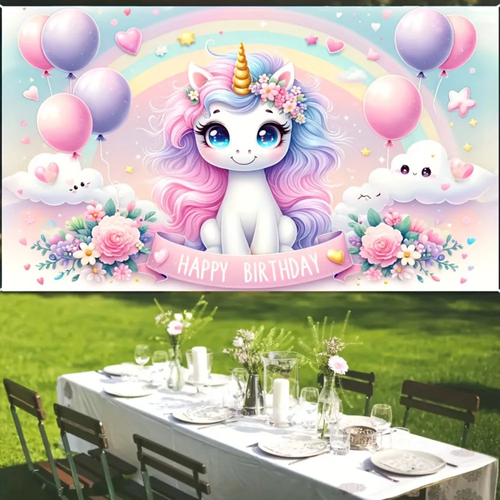 Enchanting Pink Unicorn Happy Birthday Backdrop,Polyester, No Power Needed, Perfect For Outdoor Celebrations & Magical Decor