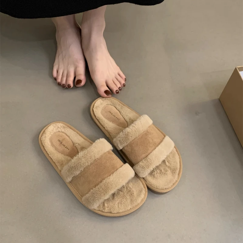 

Женские нечеткие тапочки с открытым носком, уютные шлепанцы из искусственного меха, теплые домашние тапочки без шнуровки из овечьего меха с толстой подошвой