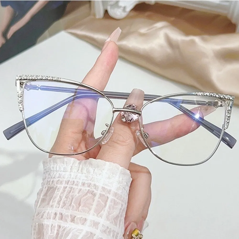 Metal Frame Cat Eye Glasses Ultra Clear Transparent Reading Glasses Anti Radiation rhinestone Studded Anti Blue Light Glasses