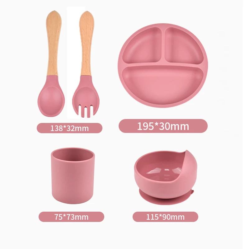 5PCS Silicone Baby Tableware Set Divided Plates Suction Cup Bowl Spoon Fork Dishes For Toddler Training To Eating Safe BPA Free