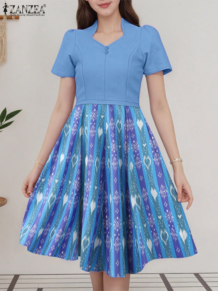 ZANZEA Vrouwen Stijlvolle Feestjurk Elegante Werkjurken Met Korte Mouwen Vierkante Hals Patchwork Vestidos Zomer Gedrukt Zonnejurk